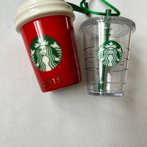 Starbucks Red and Clear Cup Ornament Duo
